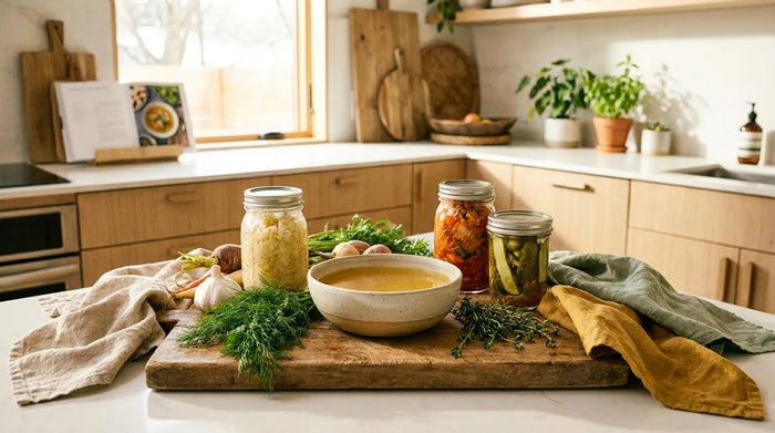 Fermentierte Lebensmittel und Knochenbrühe: So stärkst du Darmmikrobiom und Immunsystem im Alltag