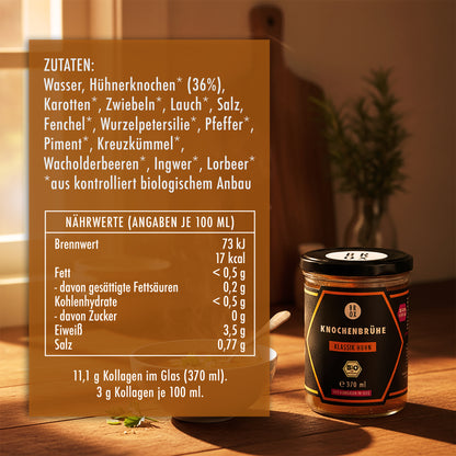Bio Knochenbrühe klassik Huhn im Glas – Premium Wasser