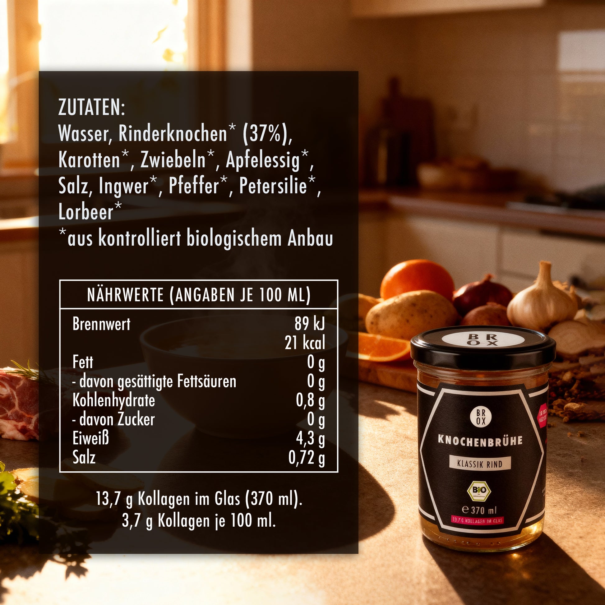 Bio Knochenbrühe klassikRind im Glas – Premium Zutaten