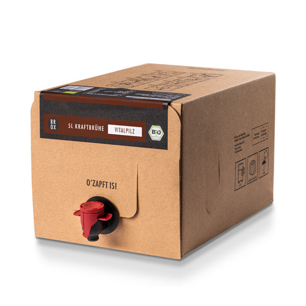 Bio 5 Liter Pflanzliche Kraftbrühe Vitalpilz im Glas –Kiste